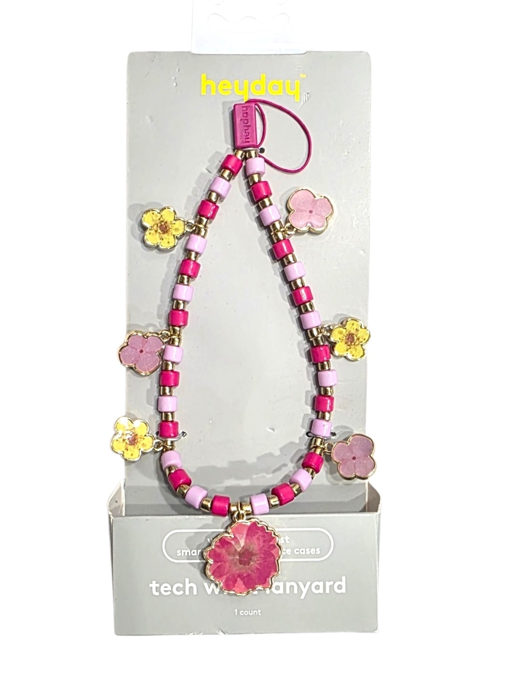 Heyday Tech Wrist Lanyard Phone Charm Beaded Flower Pink Yellow NWT Smartphone